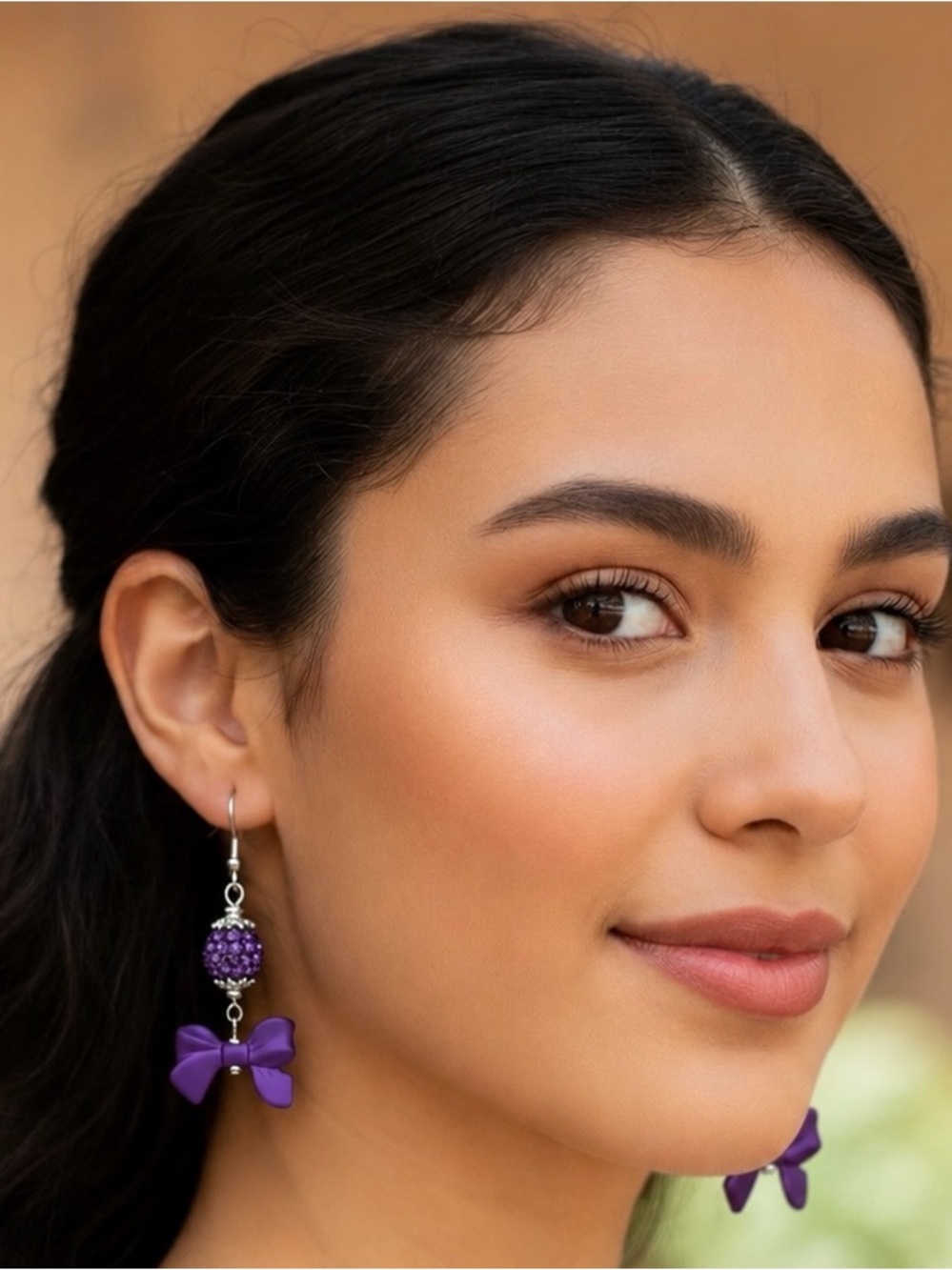 Elegant Purple Bow and Sparkling Rhinestone Earrings